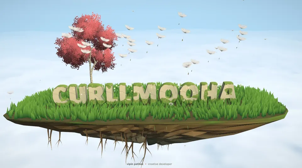 The Curllmooha island floating above the clouds, with a red tree and drifting dandelion seeds