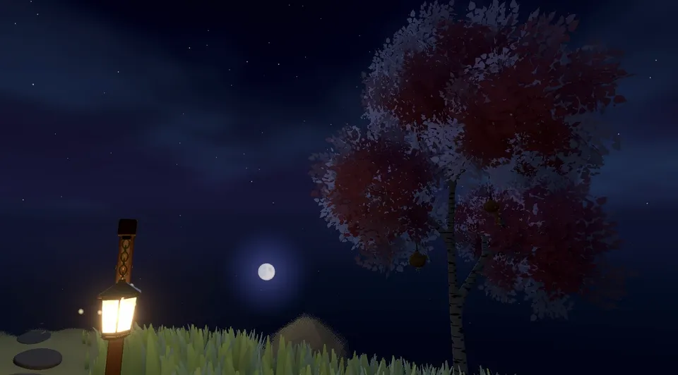 The meadow at night under a full moon, lit by a lantern